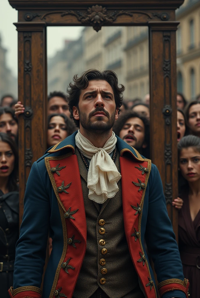 An aristocrat with a tearful expression as he is about to be executed by having his head placed on the guillotine, and the French people surrounding him with excited expressions watching the scene