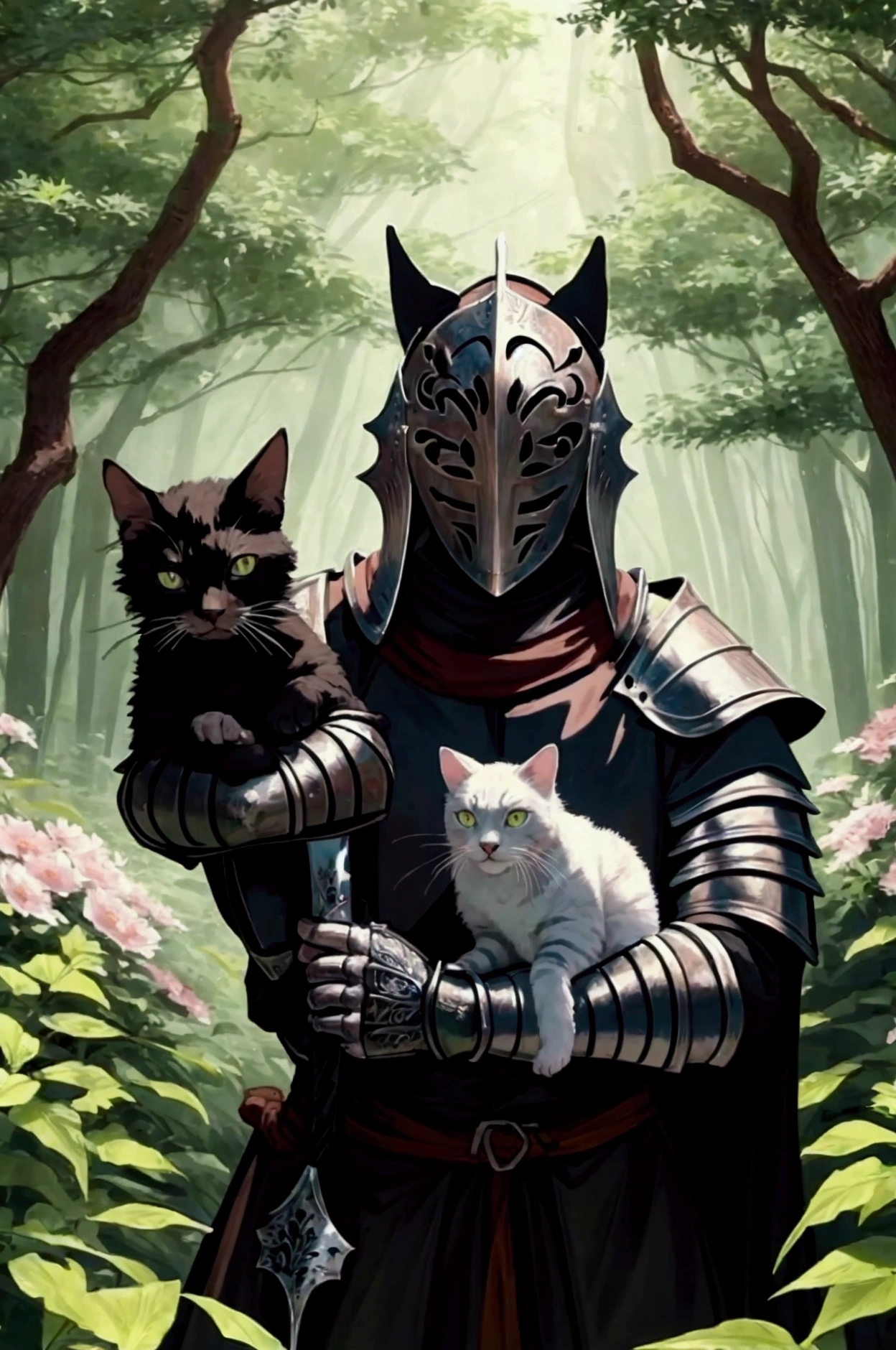 knight in medieval armor holding a cat in a forest with many flowers