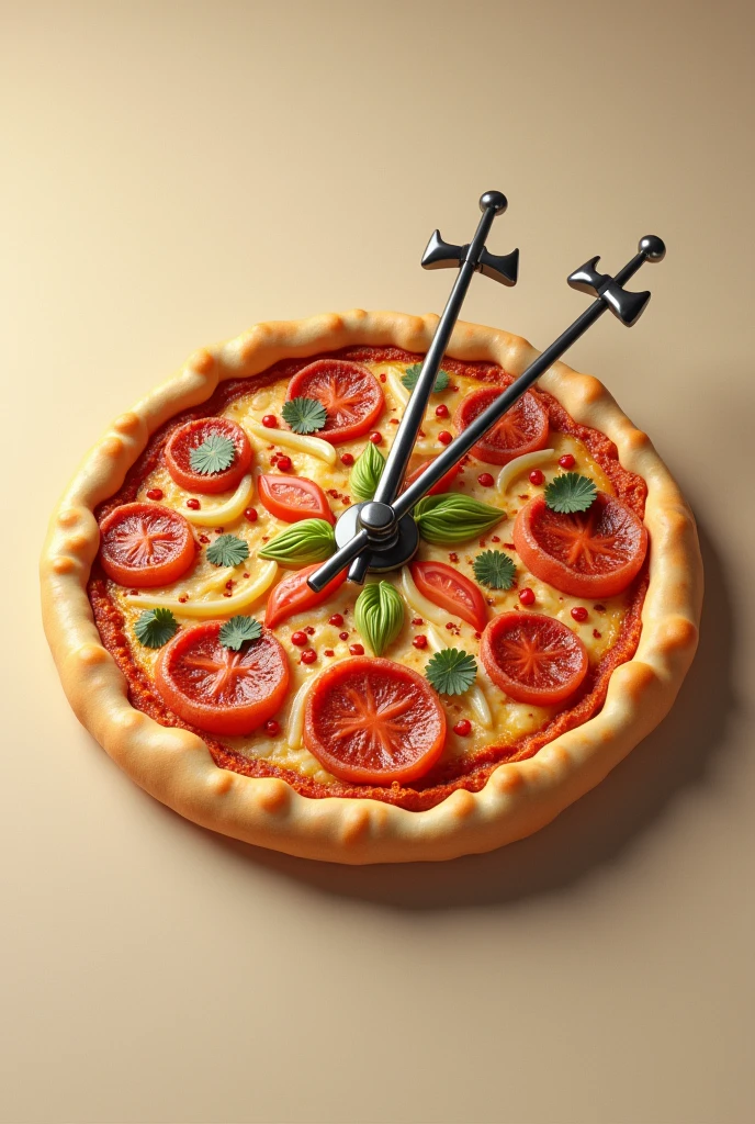 Create a simple image of a pizza with clock hands on the pizza