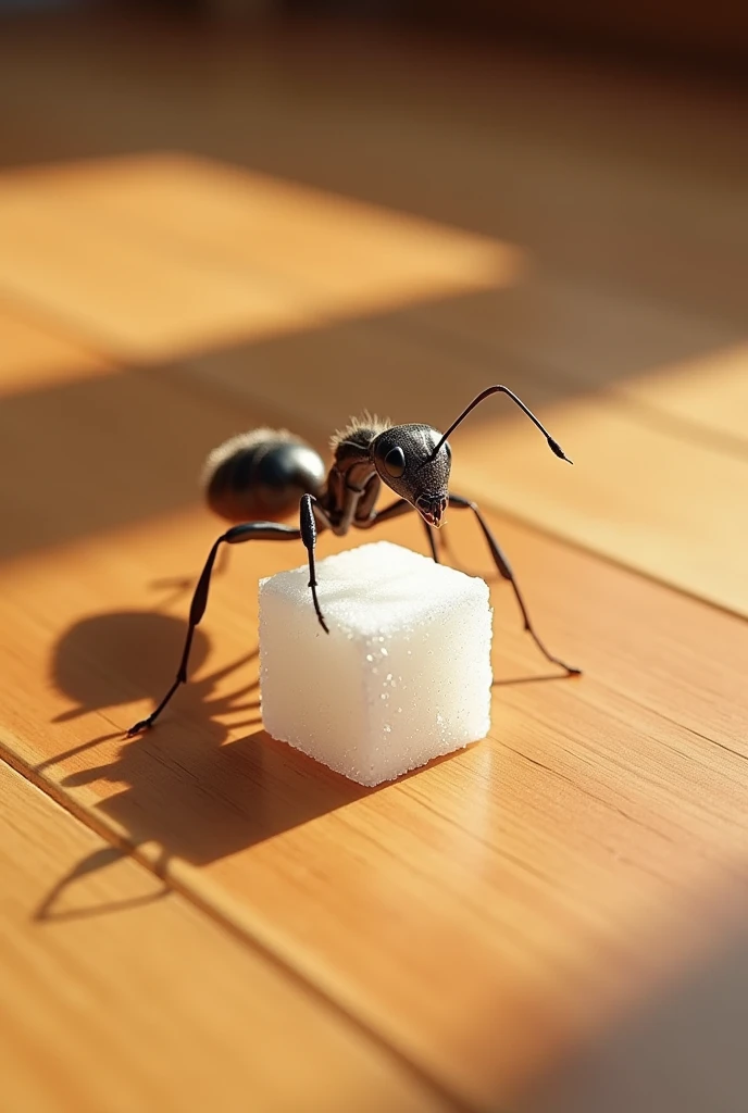 A realistic ant finds a sugar cube blocking its way on a wooden floor

