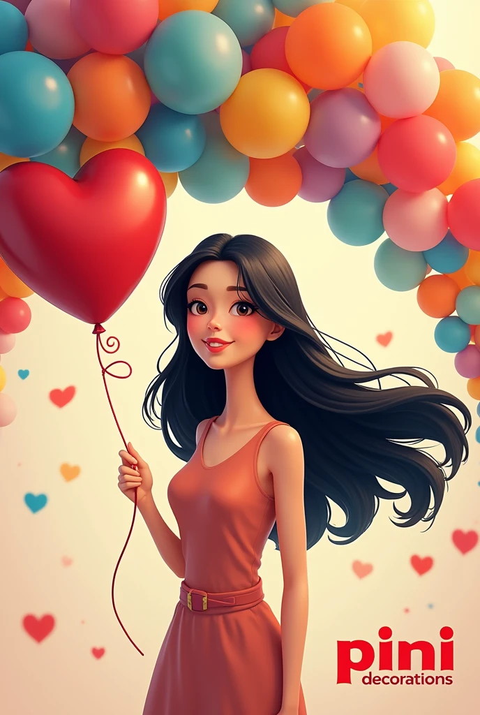 I want an advertising design of an adult woman with black hair, showing only the torso of her body in the form of a realistic cartoon with a heart-shaped balloon in her right hand and next to it a large arch of balloons surrounding her. With some letters below that say "Pini decorations"