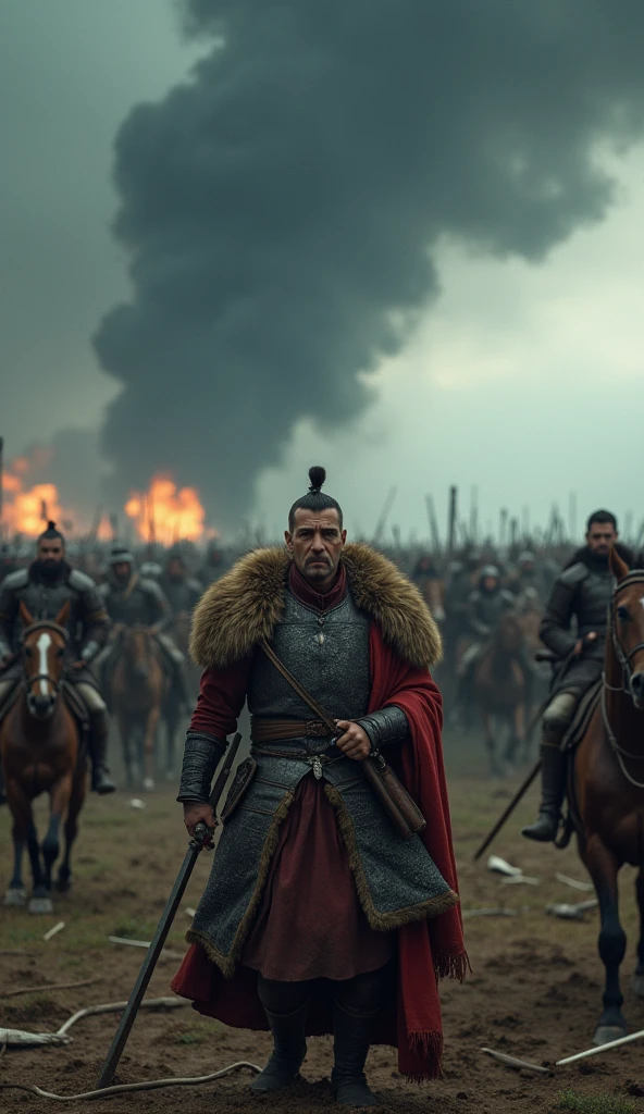 SeaArt.AI Prompt with Canon EOS 5D Mark IV Details:
Scene Title: Genghis Khan's Sons-in-Law: Amidst the Storm
Scene Description:
A vast, war-torn battlefield stretches beneath a dark and ominous storm. The terrain is harsh, littered with broken weapons, shields, and fallen soldiers. The composition emphasizes the raw intensity of the battle, with Genghis Khan's sons-in-law positioned at the forefront, leading the charge.
Camera & Lens:
Camera: Canon EOS 5D Mark IV
Lens: Canon 24-70mm f/2.8 lens
Focus & Depth of Field:
Focus: Sharp focus on the faces and armor of the sons-in-law, capturing every detail of their determination and battle fatigue.
Depth of Field: Background blurred at f/2.8 to highlight the central figures and maintain depth perception.
Character Details:
Sons-in-Law: Captured mid-action, their traditional Mongol armor bears weathered textures, dents, and fur accents.
Expressions: Intense and focused, reflecting the gravity of the battle.
Camera Details: Capture intricacies of armor, the strain in their muscles, and raw emotion in their eyes.
Lighting & Mood:
Lighting: Dramatic, with high contrast from natural light filtering through storm clouds.
Dynamic Range: Utilize the 5D Mark IV's capabilities to capture stark contrast between bright lightning flashes and deep battlefield shadows.
Mood: Intense struggle, with lighting enhancing urgency and danger.
Background Elements:
Battlefield: Stretching out in the background, filled with clashing soldiers, rearing horses, and rising smoke.
High Resolution: Capture fine details even in the distance, from muddy ground texture to chaotic troop movements.
Action Details:
Movement: Capture sons-in-law in action: one delivering a powerful strike, another rallying troops.
Shutter Speed: Fast (1/1000s) to freeze action details: arrows in flight, swords clashing, mud and blood spray.
Color & Tone:
Color Palette: Muted and gritty, capturing earthy tones of the battlefield and somber grays of the storm.
Post-