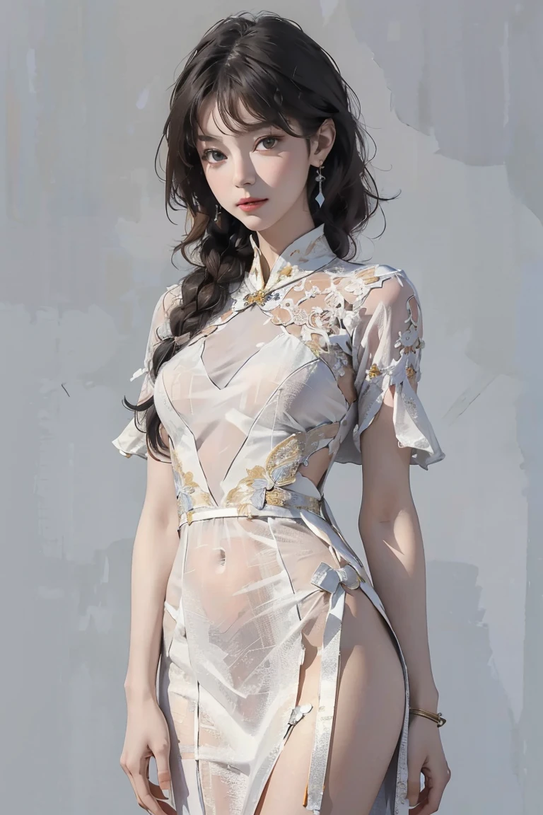 (Ultra-detailed, photorealistic, best quality, 4k, 8k, highres, masterpiece:1.3), (ethereal, abstract fashion), 1 female, age 18, tan skin, slender body, she's wearing a Shattered Dreams dress, Vietnamese traditional clothes, made from translucent fabric with intricate embroidery that looks like shattered glass, white silver as the main color, metallic cold accents, standing gracefully, soft lighting, no logos on background, a minimalist, abstract background to emphasize the fragile and delicate nature of the dress, representation of shattered dreams yet gleaming with the hope of rebirth.
