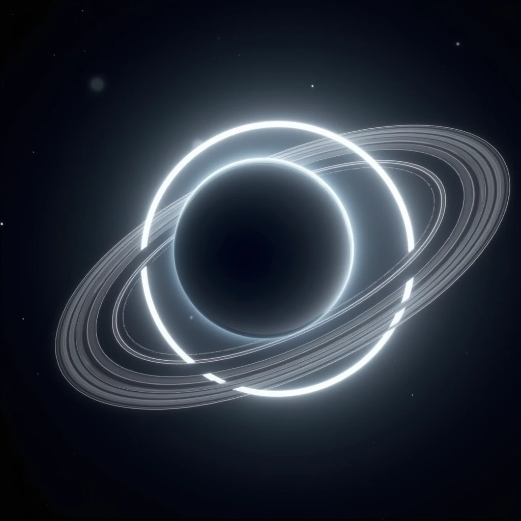 Illustrate a sleek, modern planet with bright, glowing rings around it. Use metallic textures for the planet and make the rings shimmer with a soft, ethereal glow."