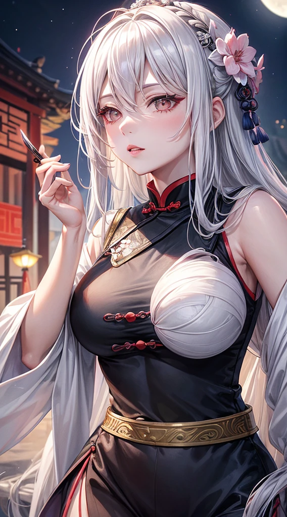 masutepiece, best, Night, fullmoon, 1 female, Mature Woman, Chinese style, Ancient China, older sister, Royal sister, Cold Face, deadpan, Woman with long silvery-white hair, pale pink lips, Calm, Intellectual, 3 belts, Gray Hitomi, Assassin, short knife, Flower ball background, streetview