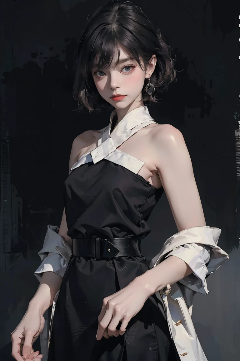 (Ultra-detailed, photorealistic, best quality, 4k, 8k, highres, masterpiece:1.3), (dark, mysterious, high fashion), 1 female, age 18, pale skin, delicate features, she's wearing a Fragmented Memories dress, Vietnamese traditional clothes, a combination of black velvet and soft silk, with asymmetric cuts, delicate silver embroidery representing fragmented memories, deep and dark color palette, standing with an enigmatic expression, low light, no logos on background, a misty and shadowy background, capturing the sense of elusive and fading memories.