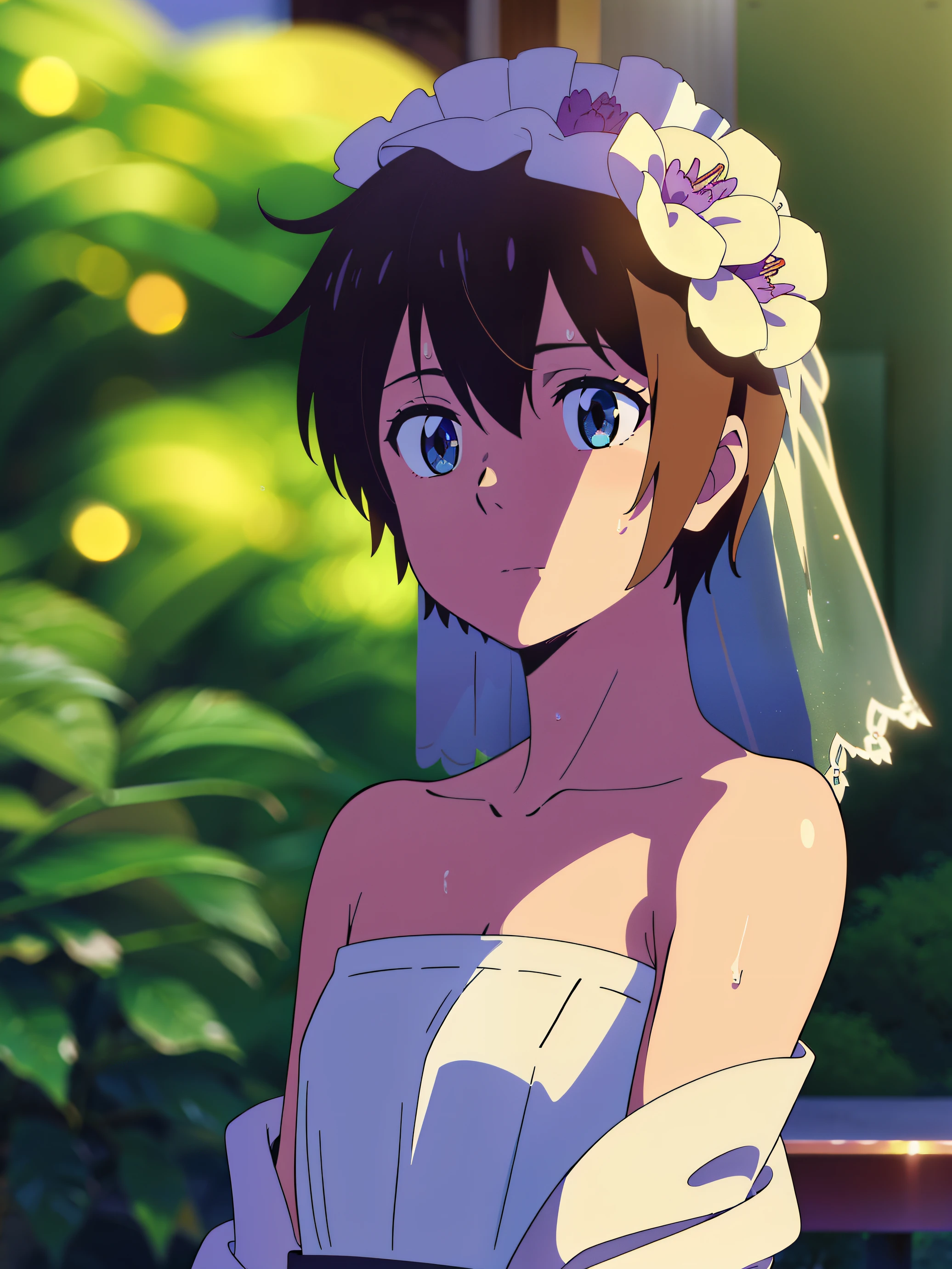 Highres, Masterpiece, Best quality at best,Best Quality,hight quality, hight detailed, Anime style, 1boy, Shota, young boy, shinkai makoto, Kimi no na wa, Taki, hair between eyes, Messy brown hair, blue eye, slim body, look at viewer,Style of wedd00ing, Strapless dress, Bare shoulder, Transparent veil covering head, Flowers on head, flat chest, upper body, (very young boy), (very small and short body), simple beckground, cute boy, Uhd, bokeh, sweat