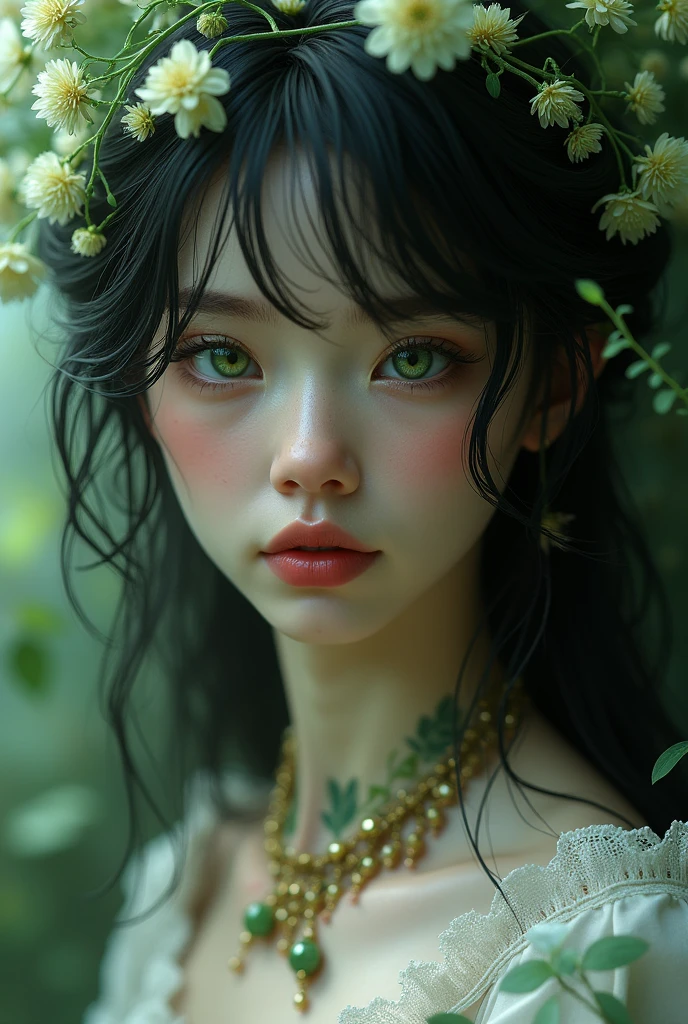 1 girl, from fantasy forld, she is queen of nature, she looks like a dream, she has stunning big deep green eyes that are so beautiful, her hair is jet black and its like darkness, her skin is pale like whitest snow, she is so pale that she looks almost sick but in beautiful way, she has babyface and big cheeks, she has small nose, she has small heart lips, when you look at her eyes you can see all the pain that world has, but she is strong, she is short and small, she is fit and cute