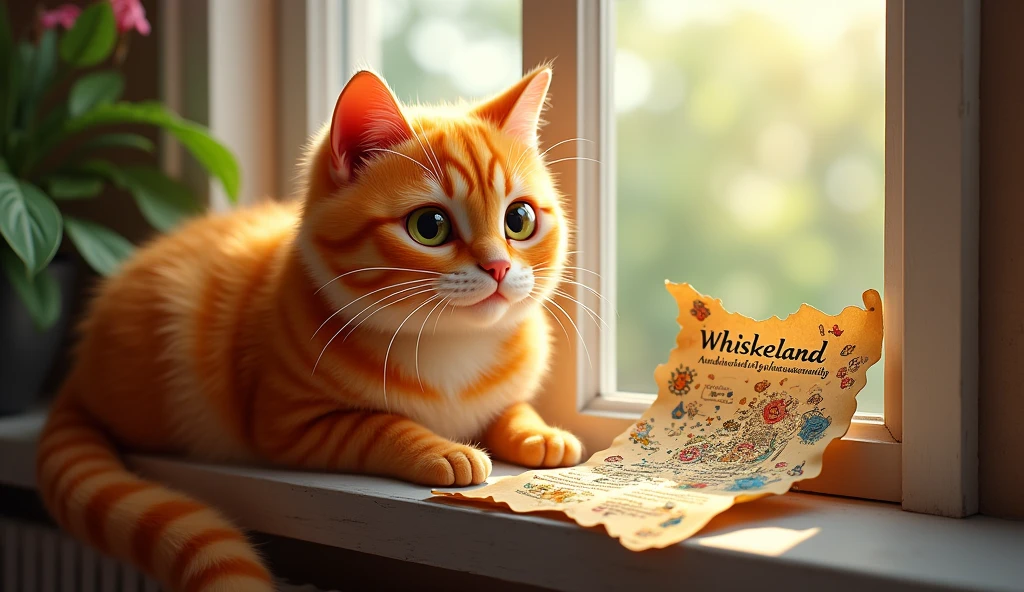 a whisker orange cat while lounging on his favorite windowsill, he spotted a mysterious map fluttering in the breeze. The map had colorful illustrations and a note that read, "Follow the clues to find the Hidden Treasure of Whiskerland!"