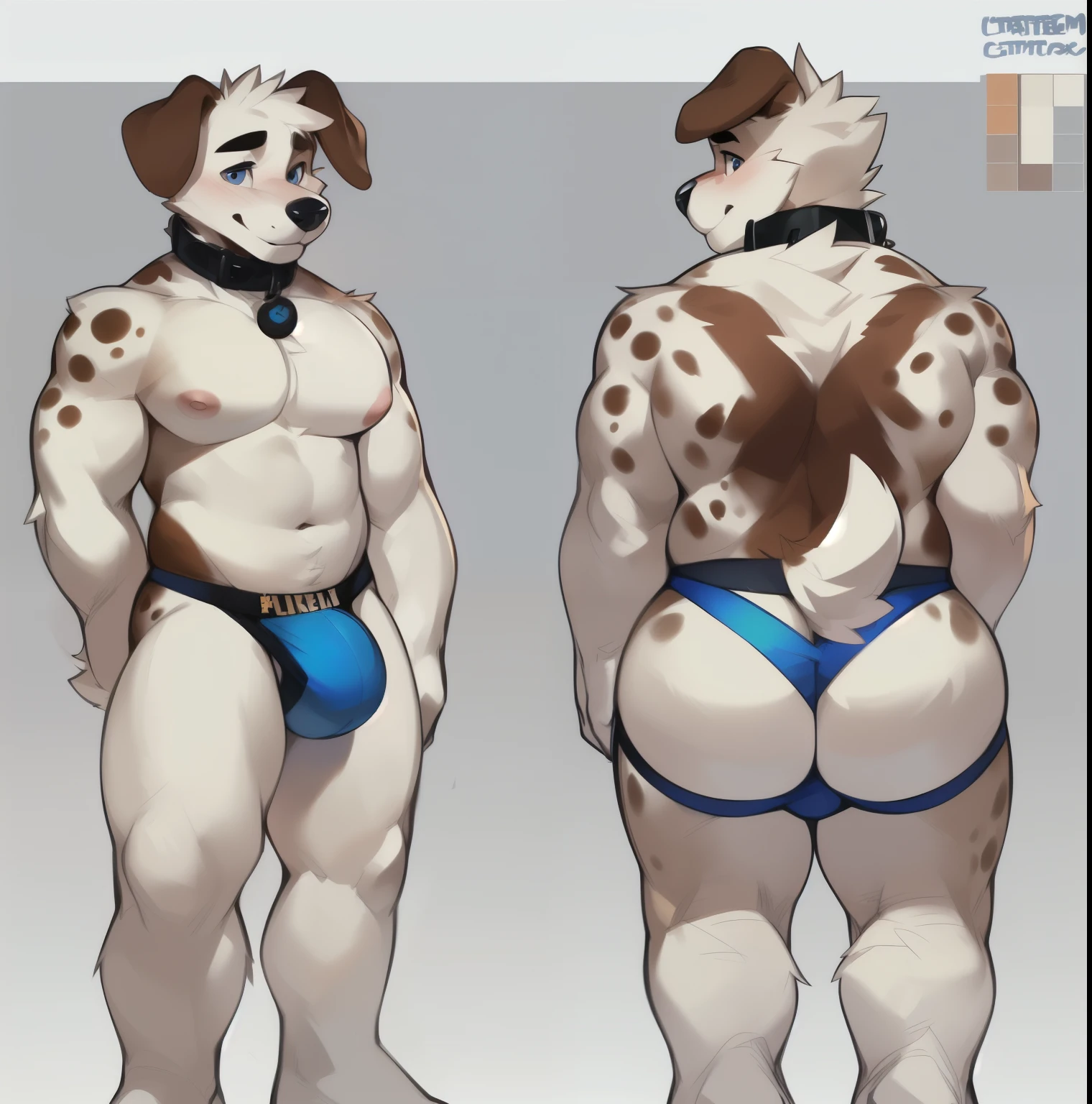 Solo, male (((short, domestic dog, embarrassed expression, fluffy, thin, athletic, blue eyes, black nose, huge pecs, brown spots on legs, white body, white fur, white legs, white arms, white head, brown ears, button ears, folded ears, floppy ears, black eye brows, tail, blue jockstrap, big bulge, pink nipples, huge butt, long snout, looking shy, all brown ears, mostly white fur))) standing, smile, character design sheet, reference sheet, character sheet ((male focus, eye focus, focus white body, focus white fur, focus full body, focus brown ears, focus mostly white body, focus character sheet, focus front and back view, focus side view, focus reference sheet)) black collar, collar, front view, back view, side view, three quarters view, detailed hands, detailed arms, detailed bulge, detailed jockstrap, detailed body, detailed ears, identical, full body, perfect anatomy, by darkgem, by mystikfox61, by glitter trap boy