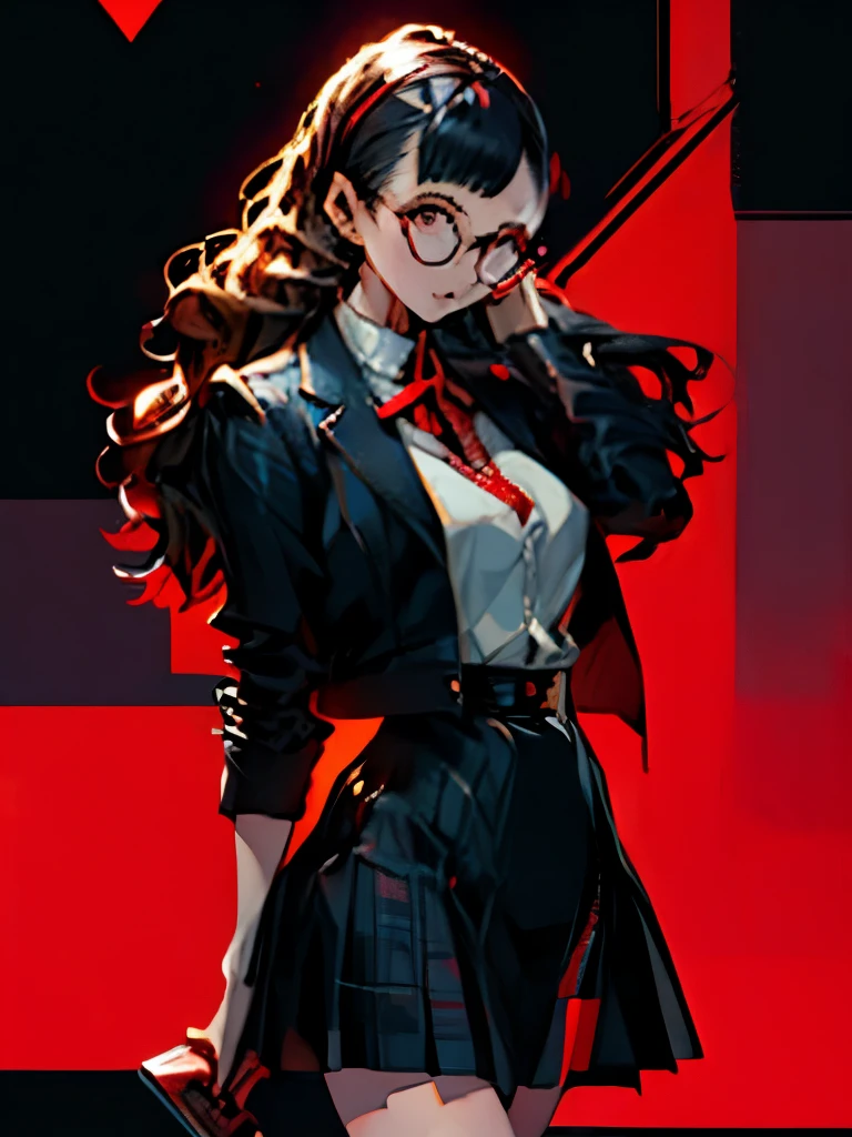 in the art style of persona5, (masterpiece:1.2, highest quality), (Realistic, photoRealistic:1.4), Beautiful illustrations, (Natural Side Lighting, Cinema Lighting), Written boundary depth, Beautiful thighs staring at the viewer, 1 female, 30-year-old, alone, thin, slender, (big breasts), long Hair, straight Hair, Forehead, Forehead, Forehead, Forehead, thin, slender, glasses, White blouse with formal collar, Blue Blazer, Red Check Skirt, Red checkered ribbon on blouse, Are standing, (((glasses))), ((Close-up)), ((Close-up)), ((Close-up))