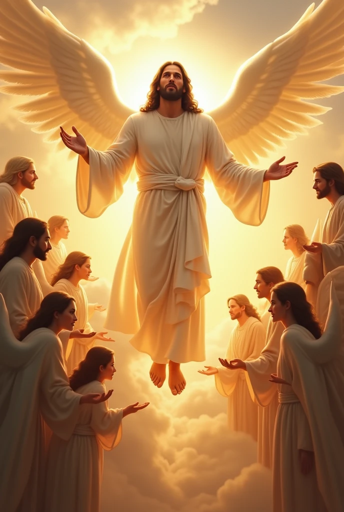 Create images of Jesus Christ for me in a heavenly place with lots of faith full of angels

