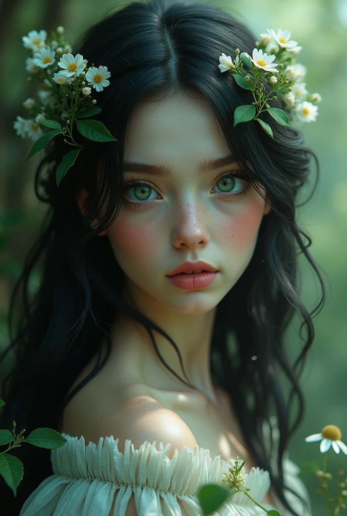 1 girl, from fantasy forld, she is queen of nature, she looks like a dream, she has stunning big deep green eyes that are so beautiful, her hair is jet black and its like darkness, her skin is pale like whitest snow, she is so pale that she looks almost sick but in beautiful way, she has babyface and big cheeks, she has small nose, she has small heart lips, when you look at her eyes you can see all the pain that world has, but she is strong, she is short and small, she is fit and cute