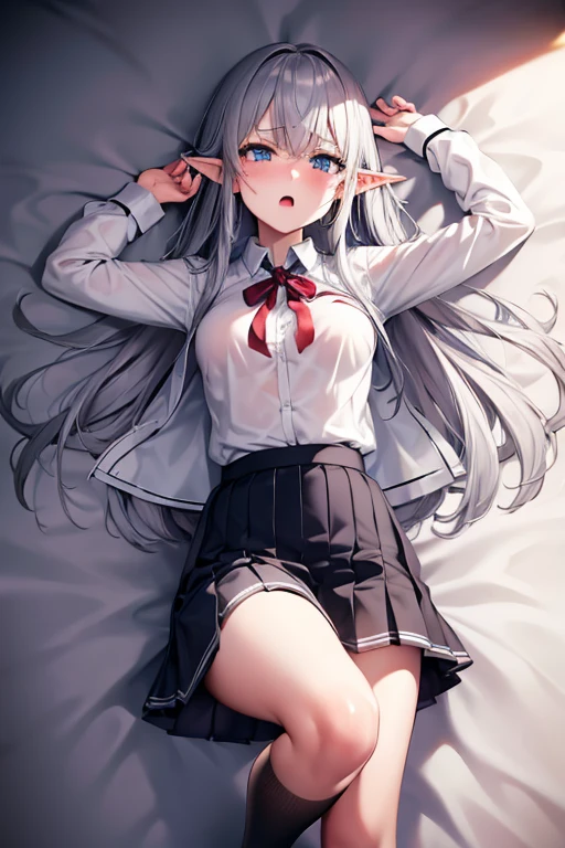 Elf, Silver Hair, In the torture chamber, Lying on a bed and crucified, school uniform, White shirt, skirt, Open your mouth, Raise your hands above your head, Crying face, Small breasts, Spread your legs, I wear clothes