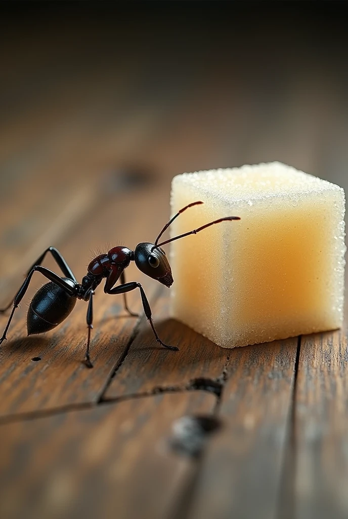 A realistic ant finds a large sugar cube blocking its way on a wooden floor
