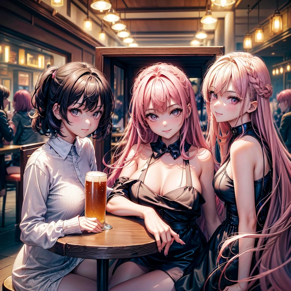masterpiece, best quality, ((3 girls)), ((multiple women)), ((sitting beside girls)), sitting, ((club background)), pink hair, knowing look, smile, sultry eyes, trendy outfit, ((directly across from viewer)), ((table in front)), table, mug, beer, ((booth seating))