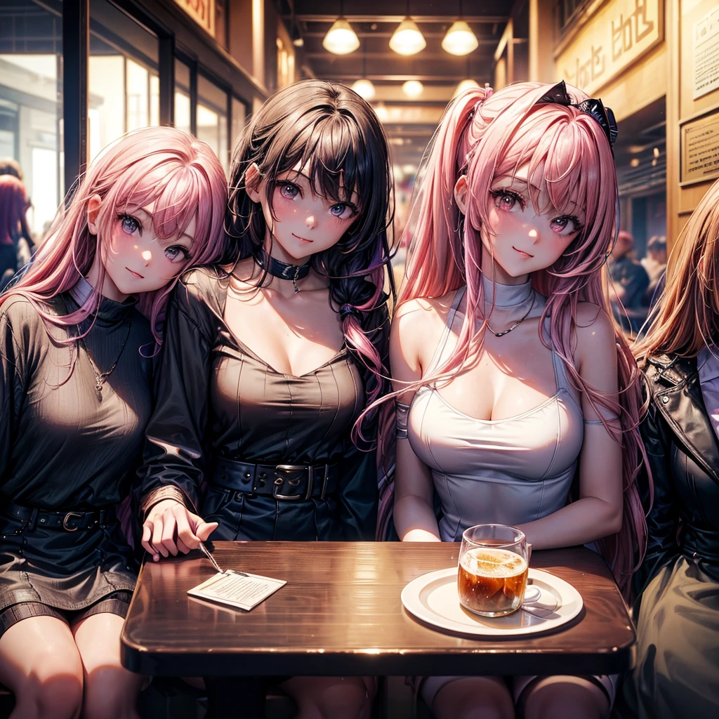 masterpiece, best quality, ((3 girls)), ((multiple women)), ((sitting beside girls)), sitting, ((club background)), pink hair, knowing look, smile, sultry eyes, trendy outfit, ((directly across from viewer)), ((table in front)), table, mug, beer, ((booth seating))