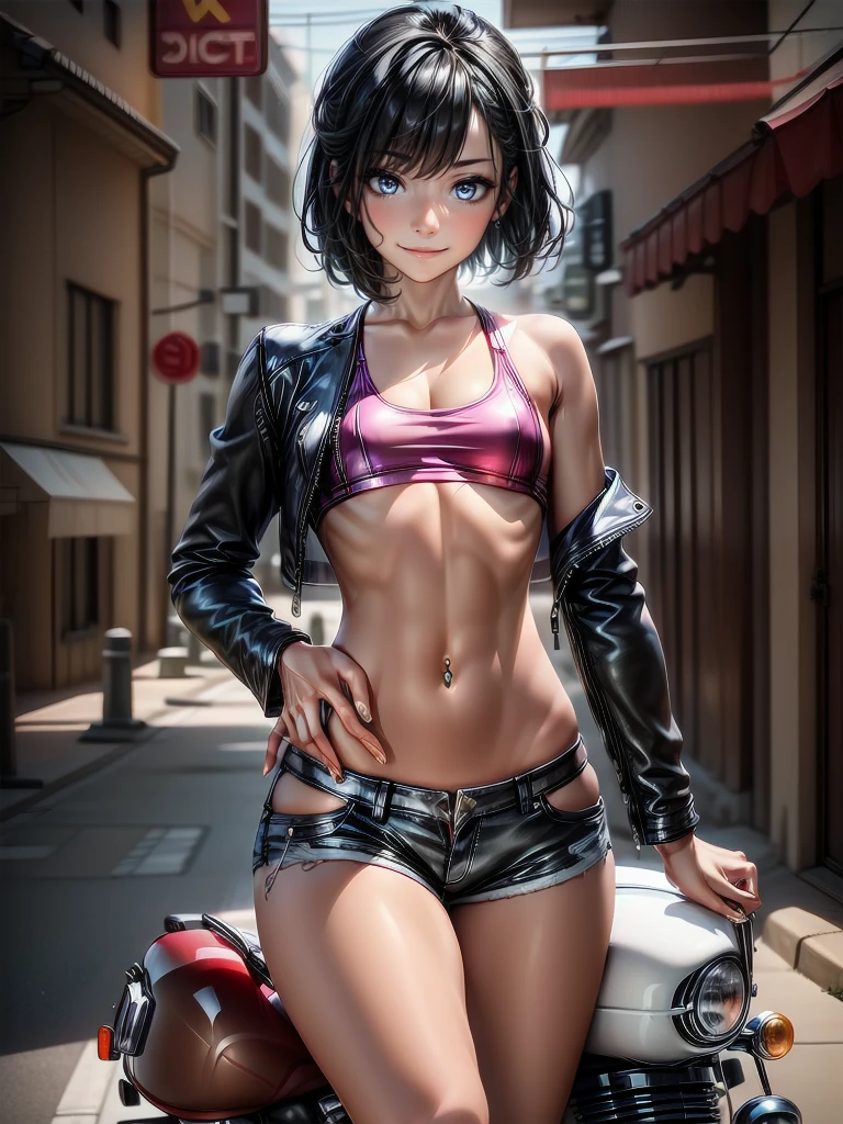 (cowboy shot), (Perfect Anatomy, top-quality, The ultra -The high-definition, high resolution, extremely detailed CG, 8K Unit Wallpapers), 26-year-old lady, solo, beautiful detailed eyes, black hair, short bob hair, blunt bang, (small breasts, statuesque slender body, athletic), gleaming skin, oily skin, (punk fashion, leather jacket, Tank top, micro shorts), (drive a motorcycle,Harley-Davidson), on road, Tokyo, at night