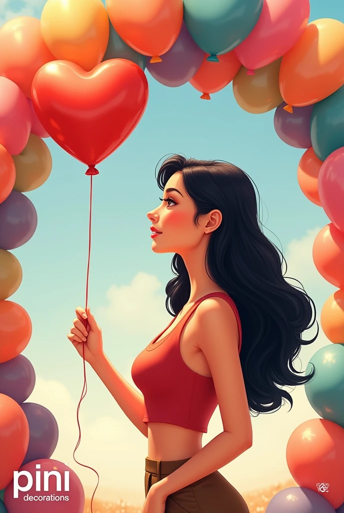 I want an advertising design of an adult woman with black hair, showing only the torso of her body in the form of a realistic cartoon with a heart-shaped balloon in her right hand and next to it a large arch of balloons surrounding her. With some letters below that say "Pini decorations"