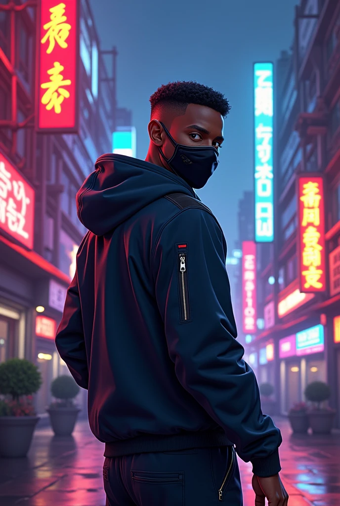 Make a light-skinned black character wearing a mask covering the mouth but not covering the eye, facing away and looking over the shoulder with a realistic cartoon-style background with a hardtrap album cover theme.