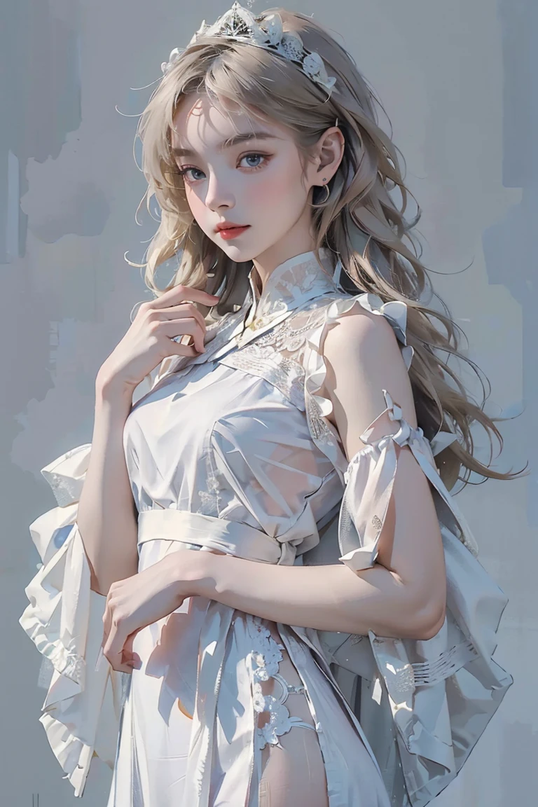 (Ultra-detailed, photorealistic, best quality, 4k, 8k, highres, masterpiece:1.3), (serene, ethereal fashion), 1 female, age 18, pale skin, delicate and soft features, she's wearing an Echoes of Silence dress, Vietnamese traditional clothes, made of sheer voile and lace, creating a ghostly, ethereal look, using ivory and soft gray tones, standing in a contemplative pose, soft and diffused lighting, no logos on background, a quiet, almost empty background, evoking the sense of echoes in a vast, silent space.