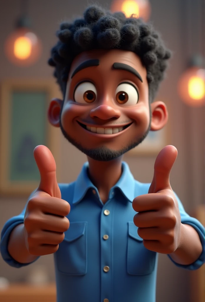 Cartoon character of a man 40 years old dark skin short curly hair in a blue shirt, an animated character, stylized character, animation style rendering, 3d stylized, Arnold Maya rendering, Stylized 3D rendering, toon render screenshot, 3d character, 3d character, Stylized 3D rendering, 3D character rendering, cartoon character, Personagem de close up, character posing, (Pixar-style) (master part:1.2) (bokeh) (best qualityer) (skin detailed) (detailed texture) (8k) (Argilla) (cinematic lighting) (sharp focus,standing full body making a thumbs up sign with both hands