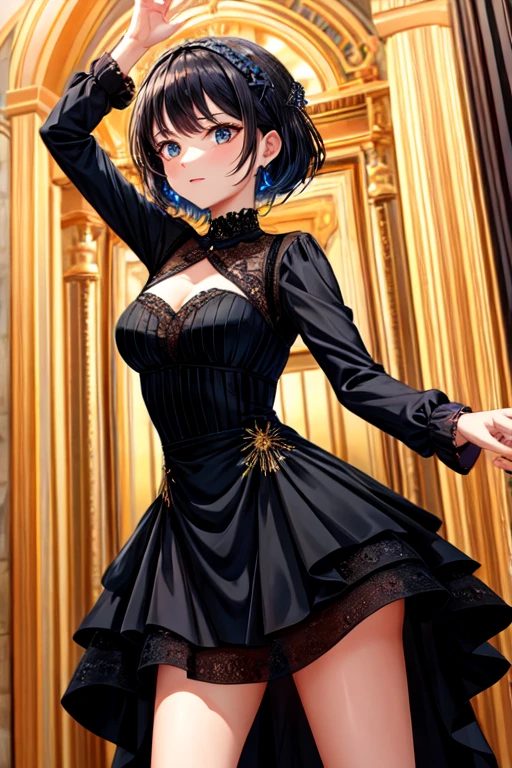a woman in a black dress, dancing.