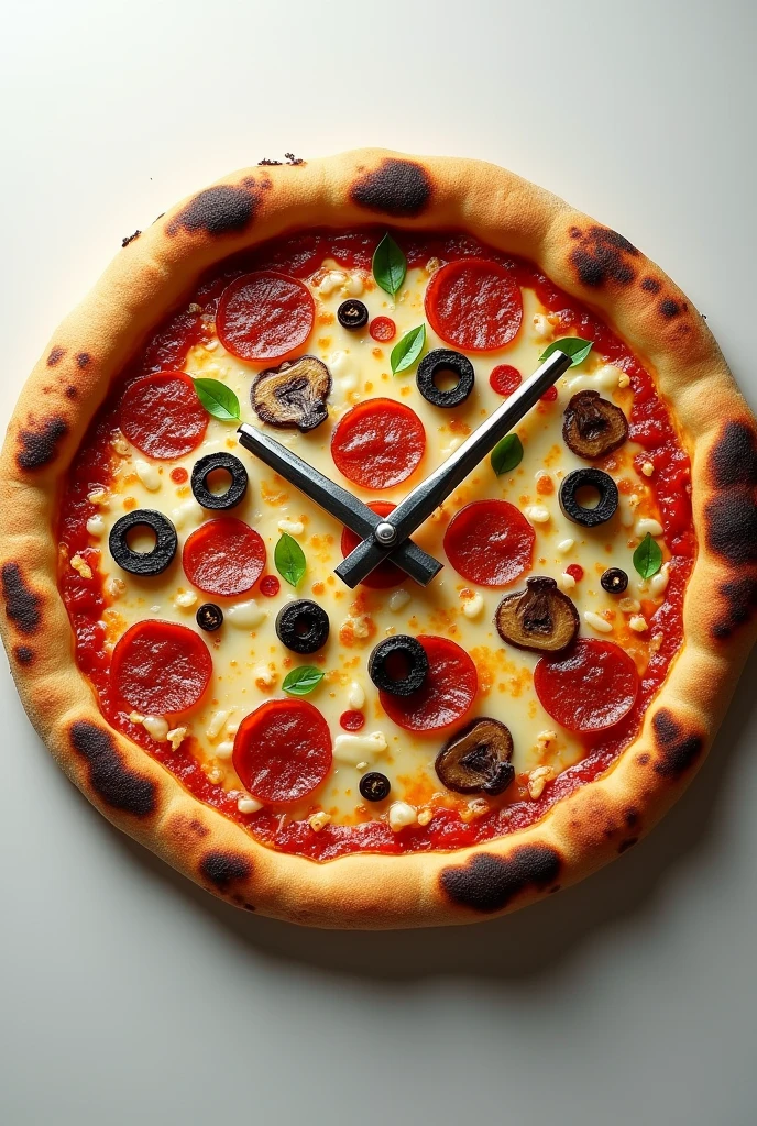 Create a realistic pizza image with clock hands on the pizza for a logo