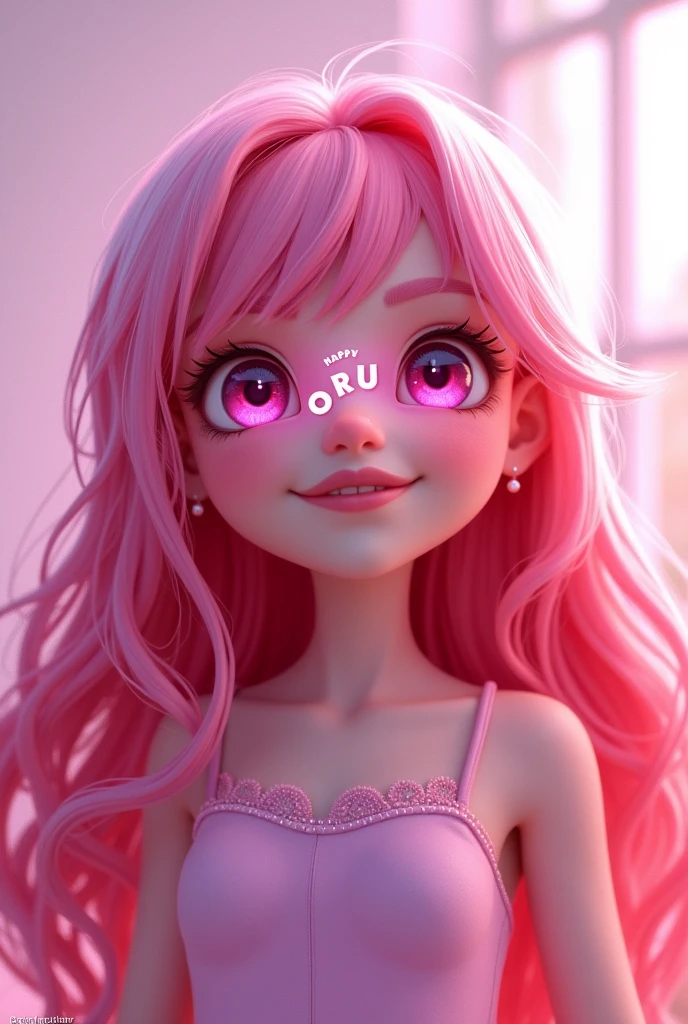 image of girl with long pink hair, White skin, animated pink eyes, happy, what does Roblox say