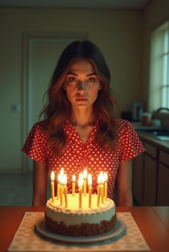 A 1970s woman in a red polka dot dress, sad with birthday cake full of candles