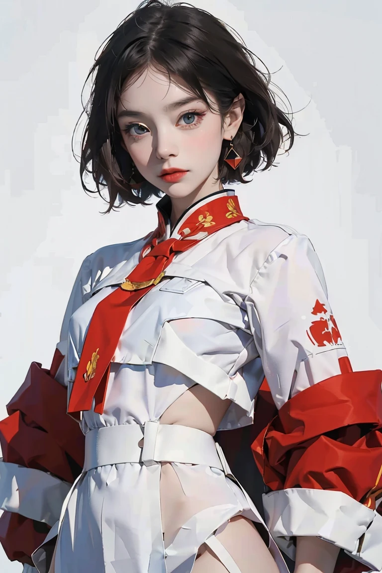 (Ultra-detailed, photorealistic, best quality, 4k, 8k, highres, masterpiece:1.3), (modern, artistic fashion), 1 female, age 18, pale skin, artistic aura, she's wearing a Broken Symmetry outfit, Vietnamese traditional clothes, a mix of contrasting colors (black, white, deep red) with asymmetric cuts and patterns, standing with a poised yet intriguing stance, bold lighting, no logos on background, an abstract, geometric background that mirrors the concept of broken symmetry and reconstruction, blending chaos with harmony.
