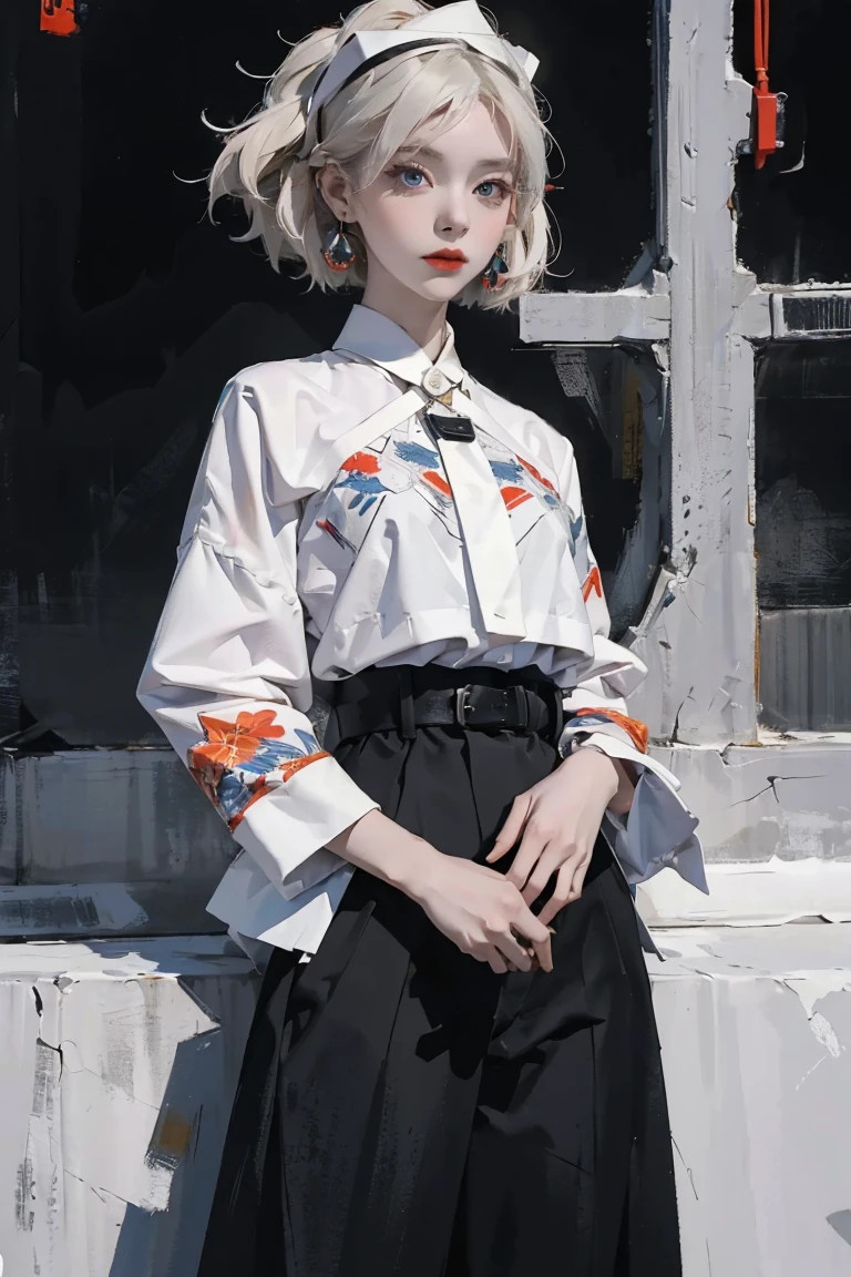 (Ultra-detailed, photorealistic, best quality, 4k, 8k, highres, masterpiece:1.3), (modern, artistic fashion), 1 female, age 18, pale skin, artistic aura, she's wearing a Broken Symmetry outfit, Vietnamese traditional clothes, a mix of contrasting colors (black, white, deep red) with asymmetric cuts and patterns, standing with a poised yet intriguing stance, bold lighting, no logos on background, an abstract, geometric background that mirrors the concept of broken symmetry and reconstruction, blending chaos with harmony.
