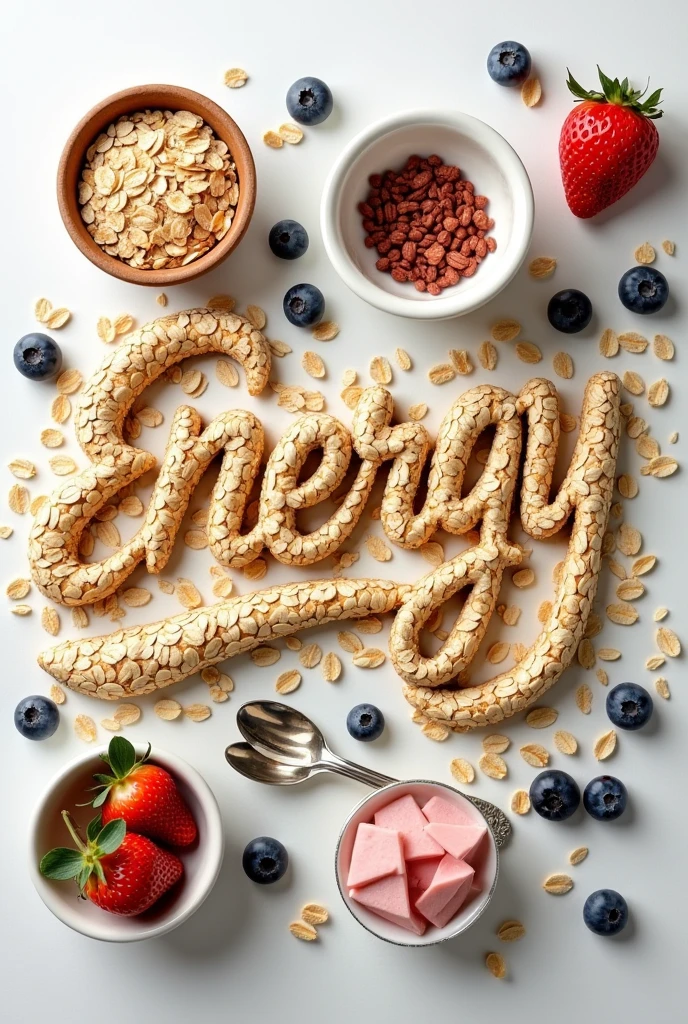 I need you to make lettering with oats that says energy, add more things around it, add spoons, dishes, Blueberry and strawberries could give you energy in Spanish