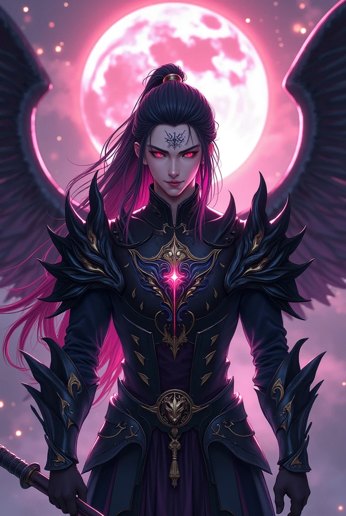 Handsome young xianxia protagonist,guy,man,long black with pink strand hair, Crimson red and pink eyes combination ,and long black with pink undertone,and the golden rune motiv  scratched on his forehead,use armour featuring like God of evil  with black and  purple dominant color,pauldron protective shape like dragon head,breastplate featuring like azure dragon head,breastplate detailed azure dragon head shape,shoulder protective dragon shape like head red and blue,sun and moon and nebulae circling at the background,nebula destruction detail,the tassel of the armour like river of galaxy, combination of black and purple dominant color,purple dominant color, purple dominant color armour,with majestic purple line ,held  halberd of abyss, And majestic black  wings at back,arch angle wings at back,terrifying aura around,24K ultra hd,face and eyes detail,lips and face detail,masterpiece ,better quality 