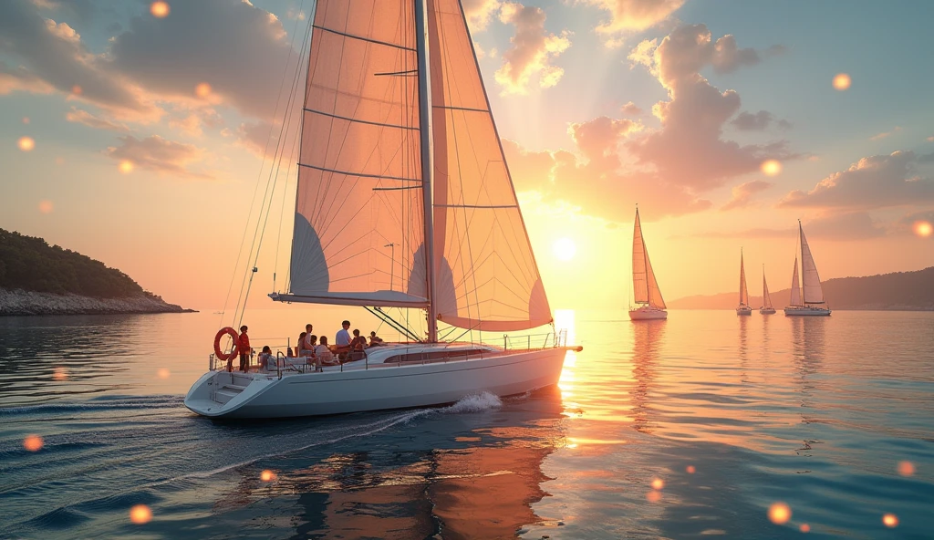 Large white sailing yacht, sails filled with wind, happy people on the yacht, the captain is steering the yacht, in the background is a bright sun at sunset, the sun is reflected in the water, the sun's reflection on the water, the sails are reflected in the water, shine, sparks, splashes. In the background are six large yachts, people on yachts, sails filled with wind, some yachts are standing, yachts are parked near the embankment, in the background is the seashore, yachts are parked, a picturesque embankment line. High quality, clear detail, high resolution, masterpiece, high-quality photo, anime, Romanticism, sparkle, god rays, backlighting, UHD, masterpiece, accurate, super detail, high details, high quality, best quality, highres, 1080P, HD, 4K, 8k, 16k, wide shot, from above, atmospheric perspective, panorama, perspective