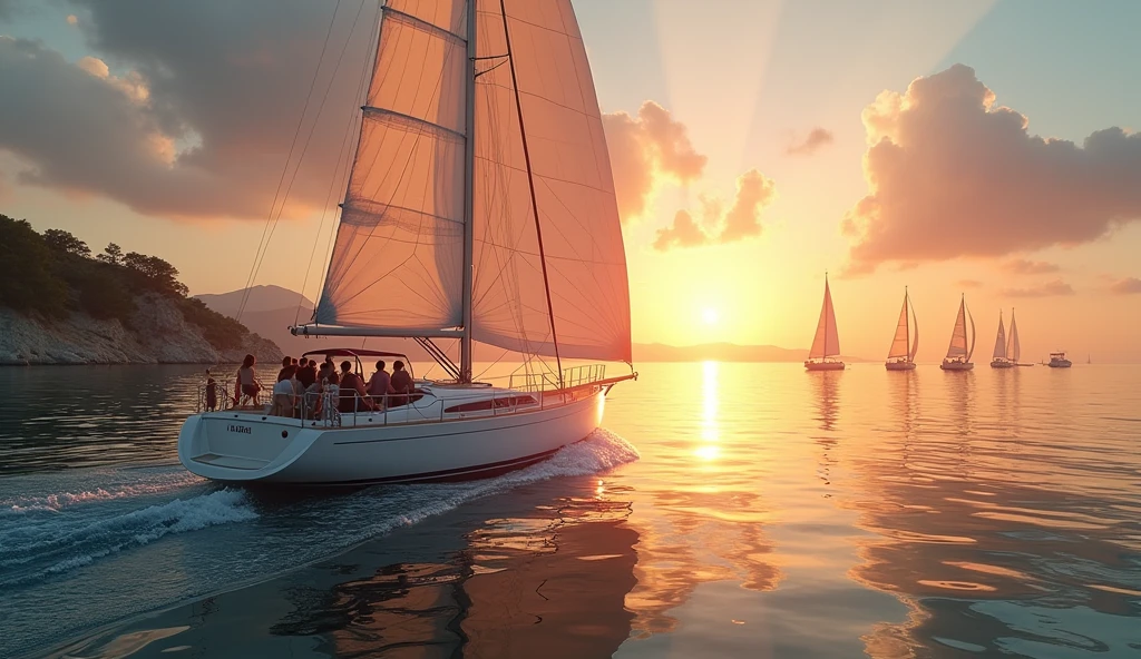 Large white sailing yacht, sails filled with wind, happy people on the yacht, the captain is steering the yacht, in the background is a bright sun at sunset, the sun is reflected in the water, the sun's reflection on the water, the sails are reflected in the water, shine, sparks, splashes. In the background are six large yachts, people on yachts, sails filled with wind, some yachts are standing, yachts are parked near the embankment, in the background is the seashore, yachts are parked, a picturesque embankment line. High quality, clear detail, high resolution, masterpiece, high-quality photo, anime, Romanticism, sparkle, god rays, backlighting, UHD, masterpiece, accurate, super detail, high details, high quality, best quality, highres, 1080P, HD, 4K, 8k, 16k, wide shot, from above, atmospheric perspective, panorama, perspective