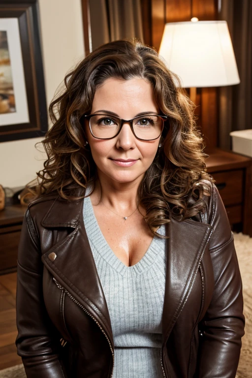 Medium view, of middle aged, 30 year old, mom, gilf, , face portrait, jewish features, chubby, pale skin, long hair, brown hair, glasses, curly hair style, sweater, leather jacket soaked in sweat, in cozy home, sweaty
