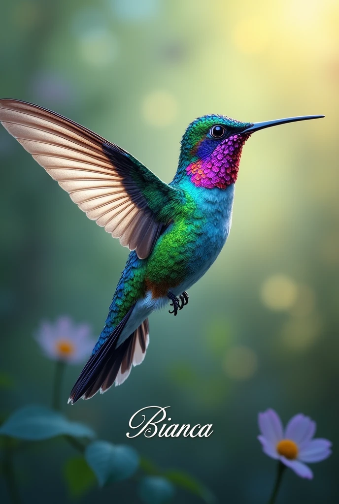 A hummingbird with the name "Bianca" in the bottom