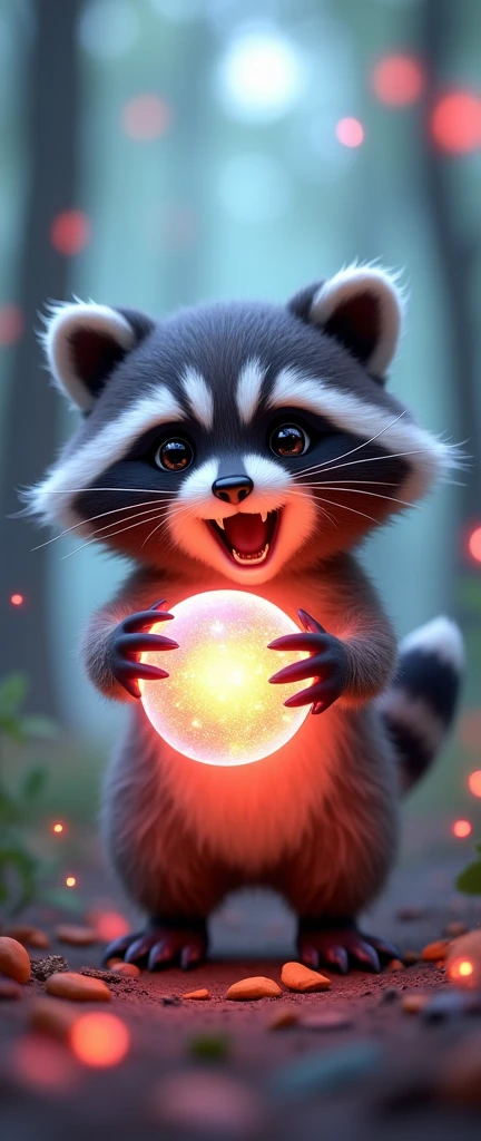 A captivating 3D render of an irresistibly adorable baby raccoon named Kawai. The fluffy raccoon is playfully holding an electric ball in its paws, which emits a soft, colorful glow. Kawai's expressive features and charming growl exude cuteness, while the enchanting magical forest in the background adds to the whimsical atmosphere. This enchanting image, perfect for a poster, presents a vibrant and endearing scene that will captivate viewers., photo, poster, 3d render
