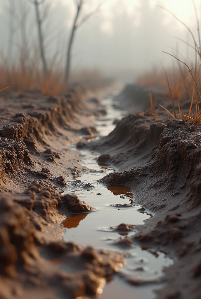 an earthy landscape, wet with mud, with muddy puddles and presenting an unparalleled level of realism, with every scale, fold and texture meticulously reproduced in ultra-high definition, evoking a sense of tangible and realistic presence, set against a neutral and No gradient that allows the viewer's focus to remain fixed, captured in a photorealistic portrait at 8k resolution, utilizing cutting-edge Unreal Engine 5 technology to produce an image of unparalleled fidelity, with a 4:9 aspect ratio and quality setting 2 , scaled to 1000 pixels.