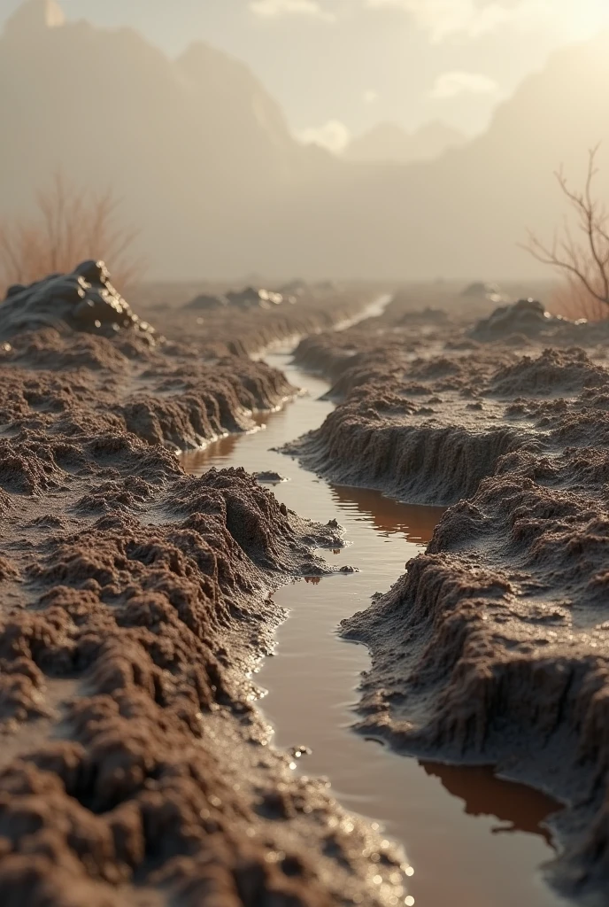 an earthy landscape, wet with mud, with muddy puddles and presenting an unparalleled level of realism, with every scale, fold and texture meticulously reproduced in ultra-high definition, evoking a sense of tangible and realistic presence, set against a neutral and No gradient that allows the viewer's focus to remain fixed, captured in a photorealistic portrait at 8k resolution, utilizing cutting-edge Unreal Engine 5 technology to produce an image of unparalleled fidelity, with a 4:9 aspect ratio and quality setting 2 , scaled to 1000 pixels.