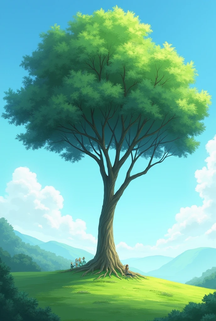 create a landscape image with a large, thin tree in the middle with long, arched branches, Green lawn and blue sky