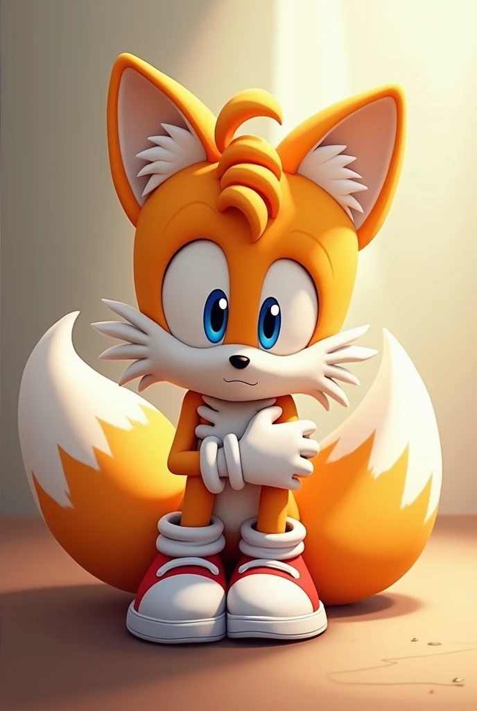 Tails hugging own legs looking at the viewer with his shoes and gloves on