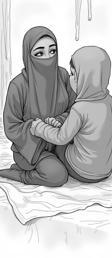 The girl is wearing a burqa and the boy is without clothes and is fucking the girl.