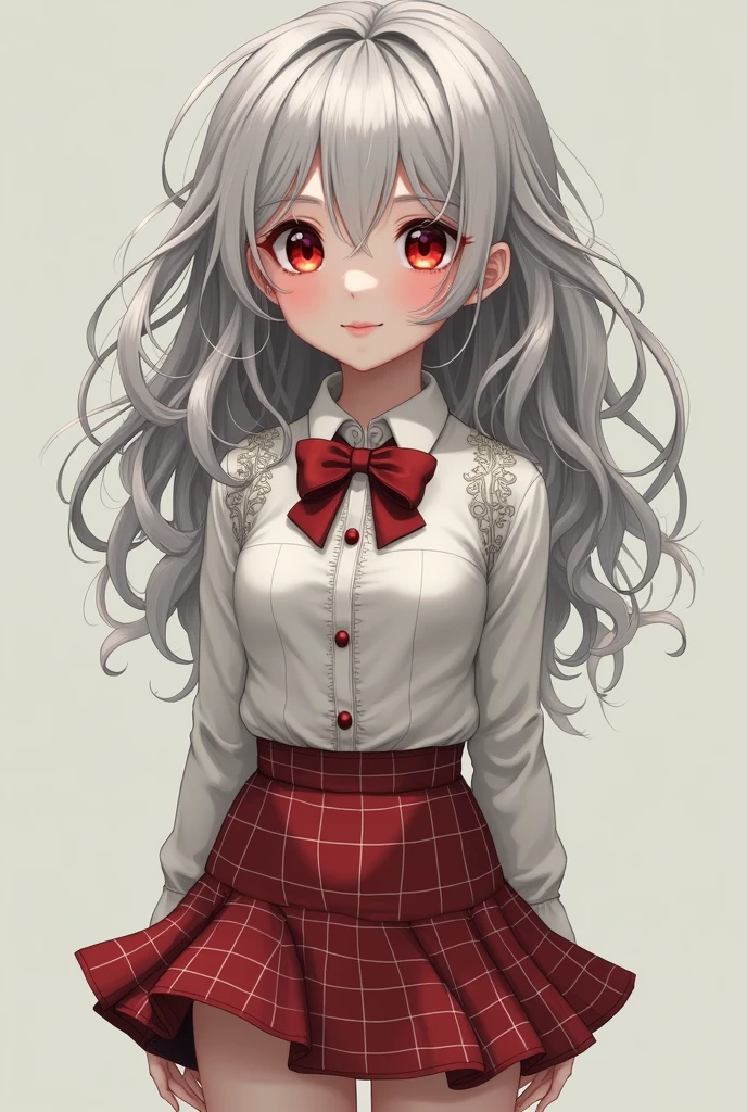 masterpiece, One person, Sparrow, Silver Haired Girl, Wearing apple clothes, Curly Long Hair, Messy Hair, The body is slim, Shirt decoration, Ruby Eyes, Ahoge, Baby Face, Large Breasts, Long sleeve, Beautiful Eyes, White Stockings, Droopy eyes, skirt, black skirt, plaid skirt, Her age is 1 year old, bow tie, flared skirt, Tight shirt, skirt, Nirou (Genshin Impact), Nice face, Medium Hair, Captivating smile, Curly Hair, sit,Super mini size