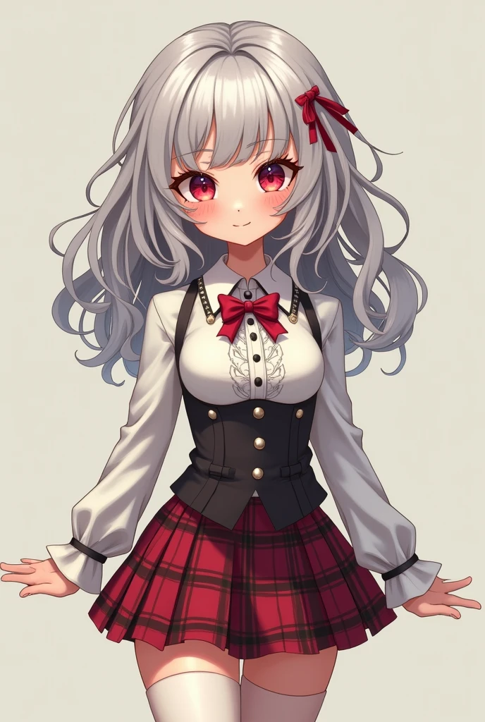 masterpiece, One person, Sparrow, Silver Haired Girl, Wearing apple clothes, Curly Long Hair, Messy Hair, The body is slim, Shirt decoration, Ruby Eyes, Ahoge, Baby Face, Large Breasts, Long sleeve, Beautiful Eyes, White Stockings, Droopy eyes, skirt, black skirt, plaid skirt, Her age is 1 year old, bow tie, flared skirt, Tight shirt, skirt, Nirou (Genshin Impact), Nice face, Medium Hair, Captivating smile, Curly Hair, sit,Super mini size