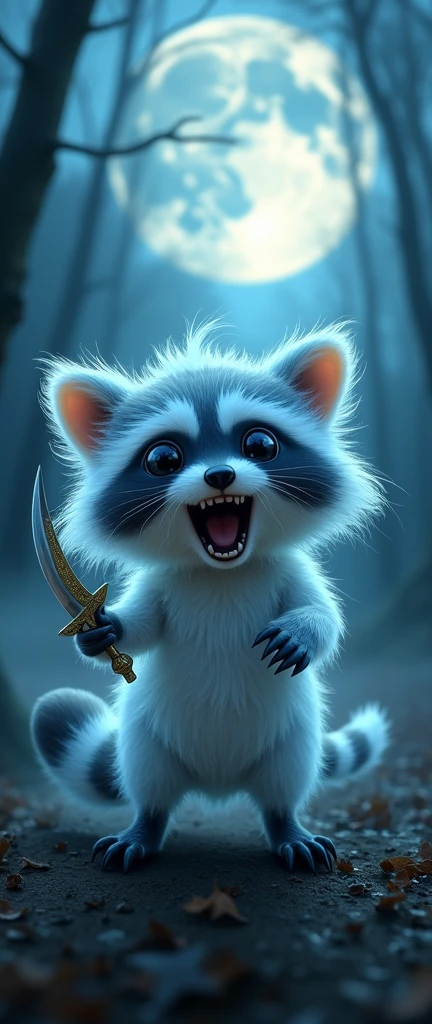 A captivating 3D render of a transparent, adorable baby raccoon ghost, also known as a Kawai. The raccoon, with its furry and fluffy appearance, is growling while holding a cute, miniature cutlass in its tiny paw. The background is a hauntingly beautiful night scene, with a full moon illuminating the misty forest. The overall ambiance of the photo is both spooky and adorable, perfect for fans of supernatural cuteness., poster, 3d render, photo
