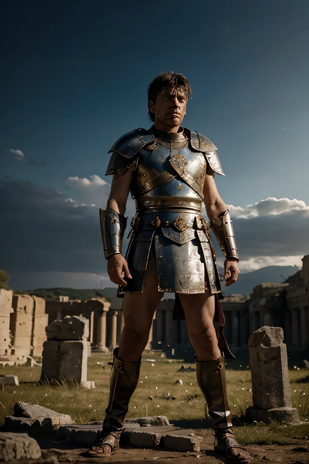 A dramatic scene showing a powerful Roman general, dressed in full armor and standing victorious on a battlefield, with broken pottery and scattered stones around him. The general's face is
stern, yet vulnerable.