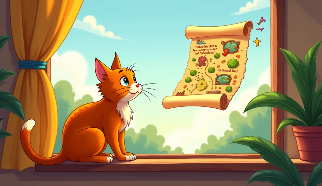 a whisker orange cat while lounging on his favorite windowsill, he spotted a mysterious map fluttering in the breeze. The map had colorful illustrations and a note that read, "Follow the clues to find the Hidden Treasure of Whiskerland!"for kids cartoon