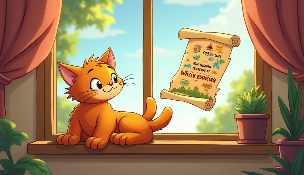 a whisker orange cat while lounging on his favorite windowsill, he spotted a mysterious map fluttering in the breeze. The map had colorful illustrations and a note that read, "Follow the clues to find the Hidden Treasure of Whiskerland!"for kids cartoon